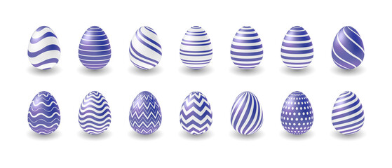 Easter purple eggs set design. 3d eggs in a trendy color of the year Very Peri. Vector lilac eggs collection for Easter holiday