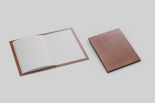 Brown Leather Restaurant Menu Mockup Isolated On Background. 3d Rendering. Top And Side View.