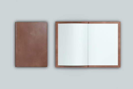 Brown Leather restaurant menu mockup isolated on background. 3d rendering. top and side view.