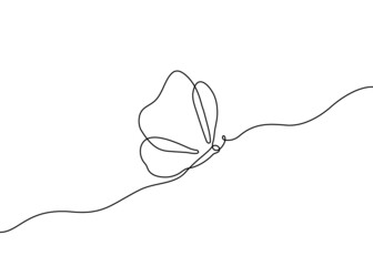 Butterfly fly, one single continuous line drawing. Simple abstract outline beautiful butterfly. Vector illustration