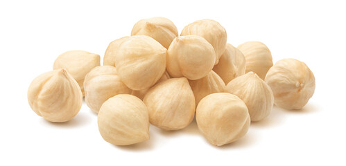 Pile of peeled roasted hazelnuts isolated on white background