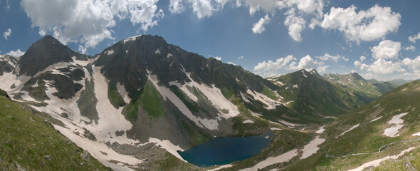 A large, blue mountain lake in summer in high resolution.