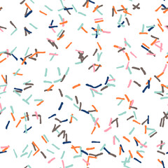 Vector organic seamless abstract background, party confetti pattern. Colorful pastel colored mosaic of simple shapes on white background.