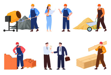 Builders with a wheelbarrow concrete mixer. Architects engineers construction contracts. Construction process. Vector illustration on a white background.