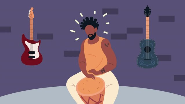 afro man musician with instruments animation