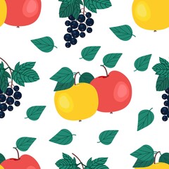 Ripe black currants and apples seamless pattern. Sprig of black currant. Vitamin berries. Vector illustration. Fruit print.