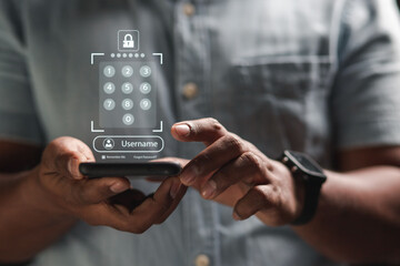 cybersecurity concept Business man shows how to protect cyber technology network from attack by hackers on the internet. Secure access to privacy through smartphones Meta protection.	