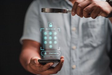 cybersecurity concept Business man shows how to protect cyber technology network from attack by hackers on the internet. Secure access to privacy through smartphones Meta protection.	