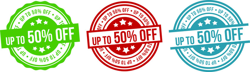 Up to 50% off label set. 50% off stamp badge sign isolated on white background.