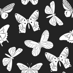 Butterfly insect isolated vector illustration. Black and white seamless pattern template. Simple graphic outline drawing on chalkboard. Doodle fly animal icon set.