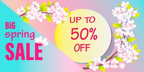 Fashionable colorful banner, modern, invitation to a seasonal spring sale. Advertising, background. Vector design of a poster with a discount. Spring flower. Special offer, promotion.Web