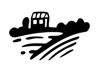 Village with fields and sun. Rural landscape with small farm and trees. Hand drawn engraving style. Doodle logo drawing graphic design.