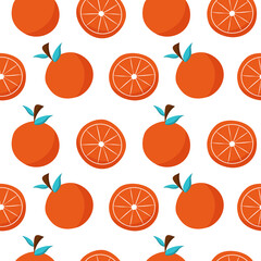 Orange citrus fruit fresh seamless pattern template. Flat colorful fabric print. Mandarin juicy food isolated on white background. Orange slice wrapping paper.