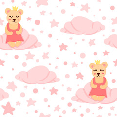 Cute bear little baby princess sitting on cloud pink seamless pattern template. Flat cartoon vector fabric print. Sky, magic, dream. Nursery design for girls.