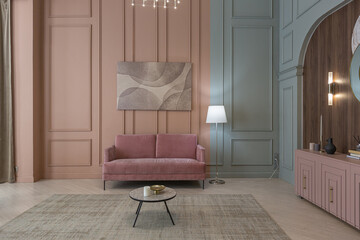 chic modern trendy apartment interior design. trendy green and powdery pink walls. stylish lighting and huge panoramic windows