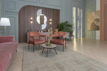 chic modern trendy apartment interior design. trendy green and powdery pink walls. stylish lighting and huge panoramic windows