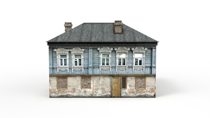 Old wooden residential house render on a white background. 3D rendering