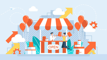 Grand opening concept. A businessman holding scissors in his hand cuts a red ribbon. Advertising new business. The ceremony, celebration, presentation and event. Vector illustration flat design.