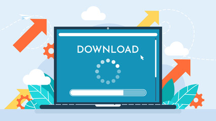 Software download or operating system. Updating progress bar. Installing app patch. Download to keep the device up to date with added functionality in the new version. Flat design. Vector illustration