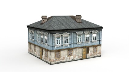 Old wooden residential house render on a white background. 3D rendering