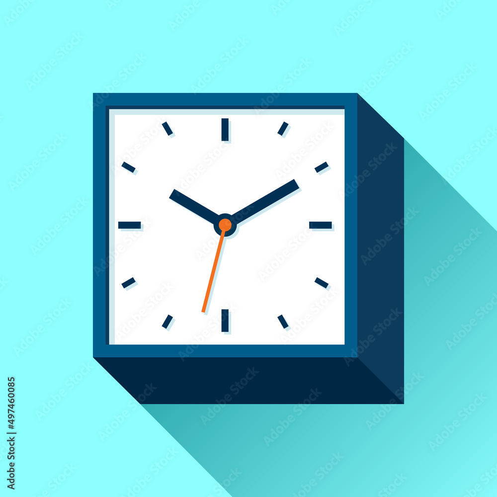 Poster clock icon in flat style, square timer on blue background. business watch. vector design element for