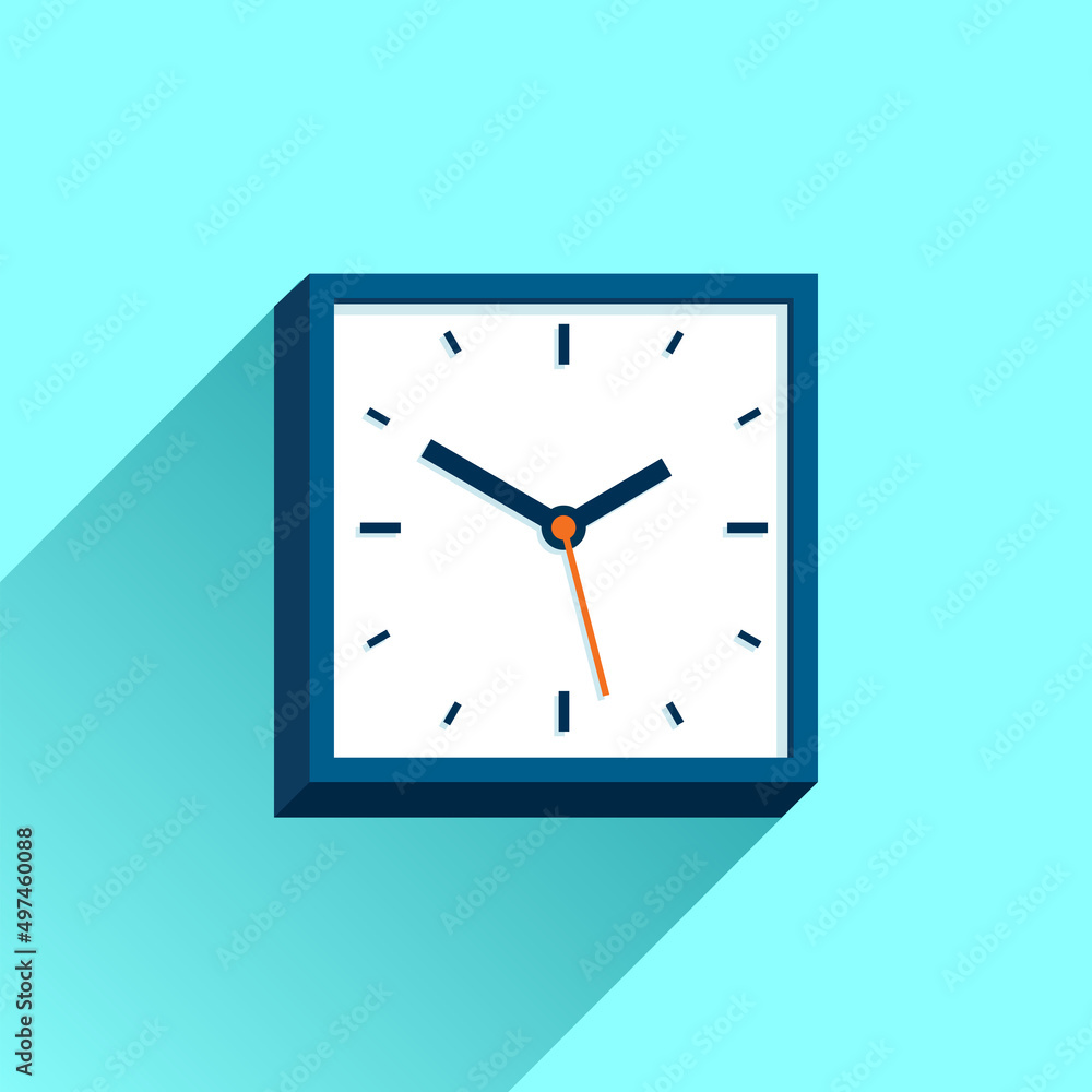 Poster clock icon in flat style, square timer on blue background. business watch. vector design element for