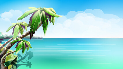 sea, beach, palm, summer background sea, rock, palm trees, bright summer sunny landscape, seashore, background for summer design