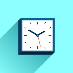 Clock icon in flat style, square timer on blue background. Business watch. Vector design element for you project