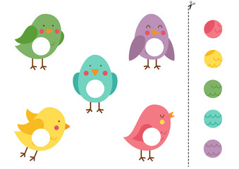 Cut and glue game for kids. Cute colorful birds.