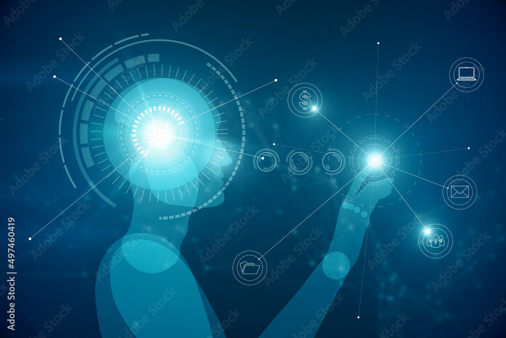 Poster Creative glowing robot hologram on blue background. AI and robotics concept. 3D Rendering.