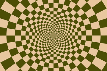 Psychedelic optical illusion. Hypnotic surreal abstract background. Vector illustration. Checkered spiral and chessboard in perspective.