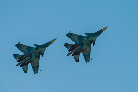 August 30, 2019, Zhukovsky, Russia. Russian multi-role Su-30SM fighters in the sky.