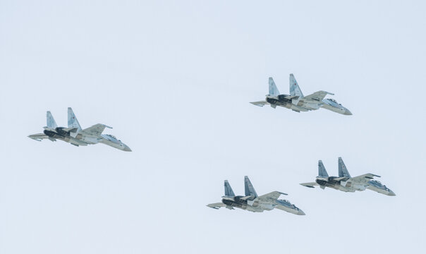 August 30, 2019, Zhukovsky, Russia. Russian multi-role Sukhoi Su-35 fighters in the sky.