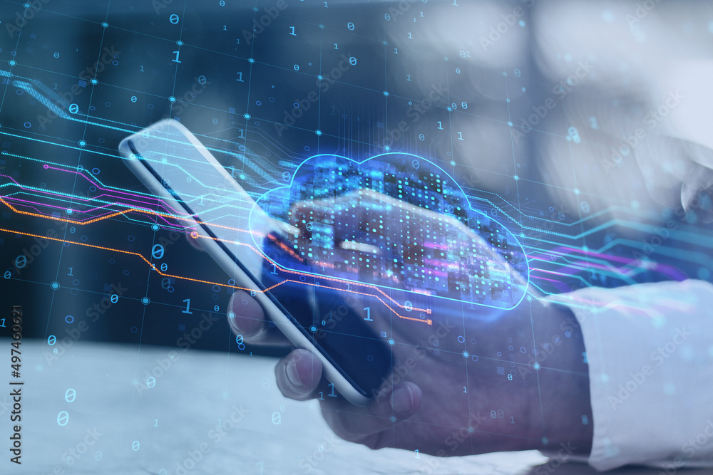 Poster close up of businessman hand holding smartphone with abstract glowing cloud lines hologram on blurry