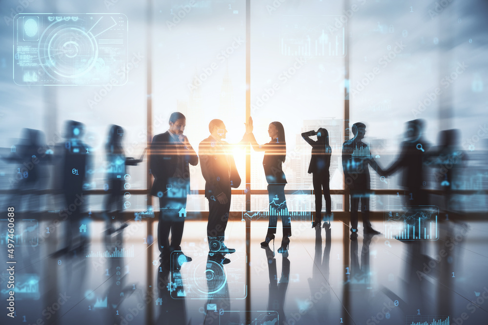 Poster Backlit businesspeople working tohether in abstract creative blurry office interior with business charts and binary code. System engineering and digital transformation concept. Double exposure.