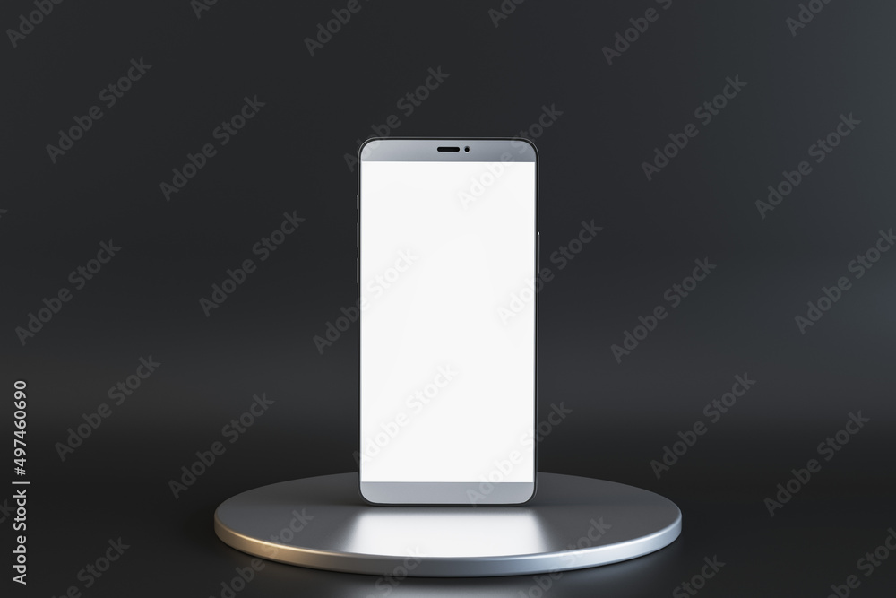 Poster Close up of empty white smartphone on round pedestal on black background with mock up place. Presentation and product concept. 3D Rendering.