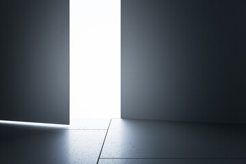 Creative concrete interior with bright light door and mock up place. Success concept. 3D Rendering.