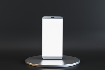 Close up of empty white smartphone on round pedestal on black background with mock up place. Presentation and product concept. 3D Rendering.