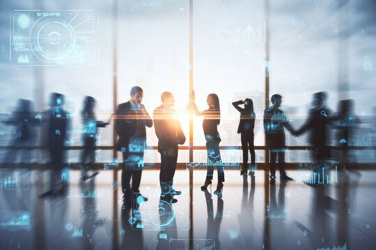 Backlit businesspeople working tohether in abstract creative blurry office interior with business charts and binary code. System engineering and digital transformation concept. Double exposure.