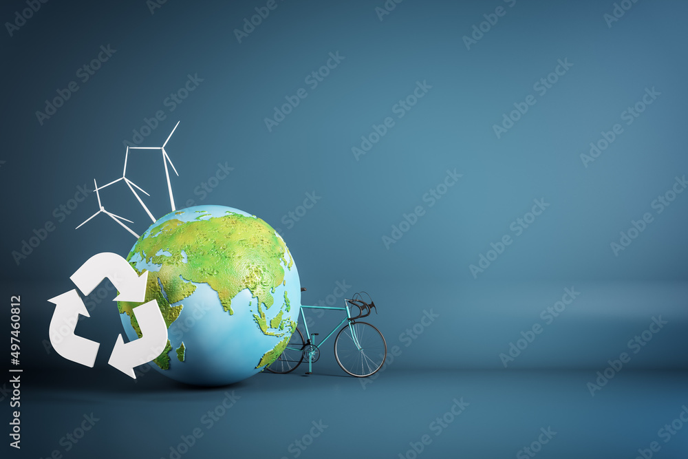 Poster Green eco globe on blue backdrop with mock up place. Environment and ecology concept. 3D Rendering.