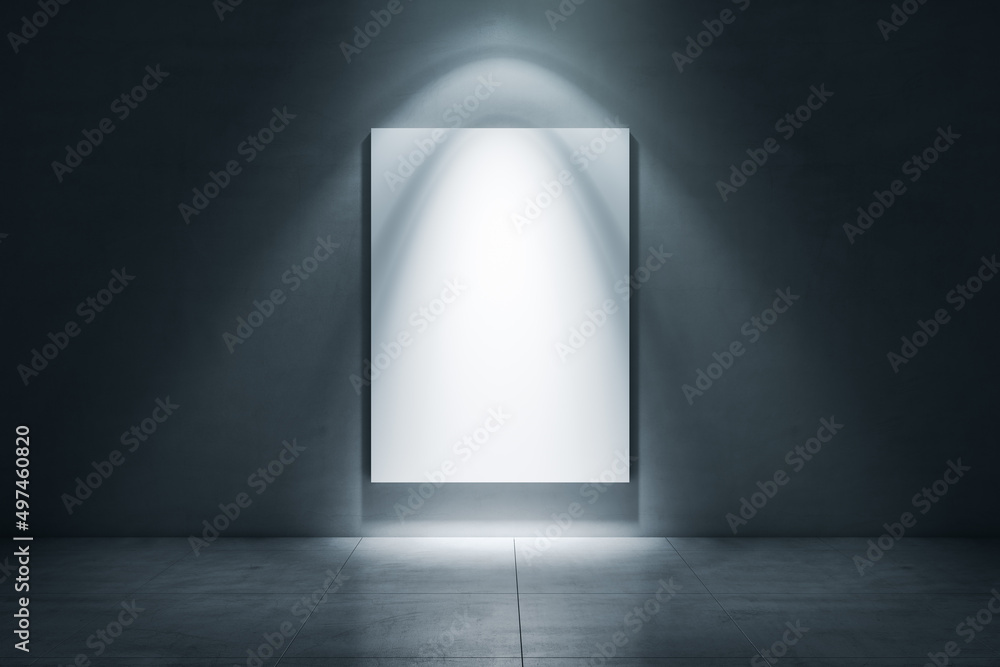 Poster illuminated white poster on dark concrete wall with mock up place. grunge art gallery concept. 3d re
