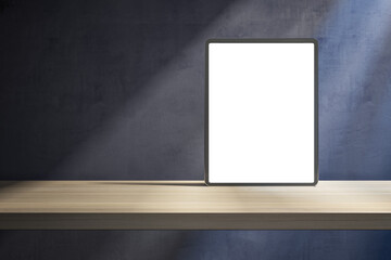 Close up of blank white tablet on wooden desktop and concrete wall background with shadows and mock up place. Gadget presentation concept. 3D Rendering.