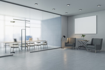 Modern concrete office interior with empty white mock up poster on wall, couch, matte partition glass, furniture, equipment and city view with daylight. 3D Rendering.