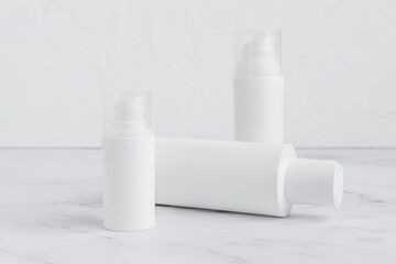 White cosmetic lotion cream serum oil mockup bottle packaging, beauty spa medical skin care, shot on white and marble background, collagen healthcare medicine concept close-up