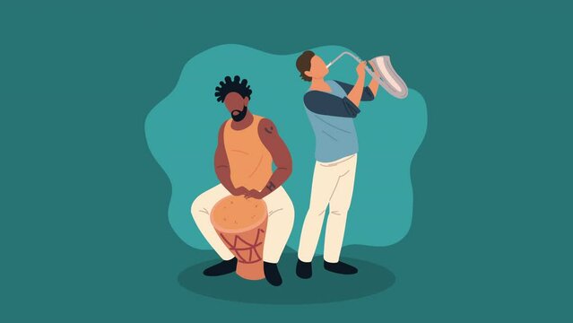 interracial musicians playing instruments characters