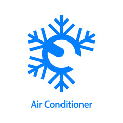 Reparación y servicio de aire acondicionado. Logo con texto Air Conditioner con llave en espacio negativo en copo de nieve en color azul	