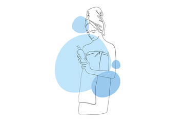 Young girl in spa salon continuous line drawing concept. Woman in towel stands and holds body skin care cosmetic product for shower or bath. Vector illustration in outline hand drawn design for web