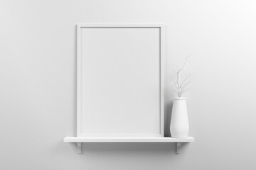 Fototapeta na wymiar Small vertical wooden frame mockup in scandinavian style interior and dried plant on white jug on a shelf on empty neutral white wall background. 3d illustration