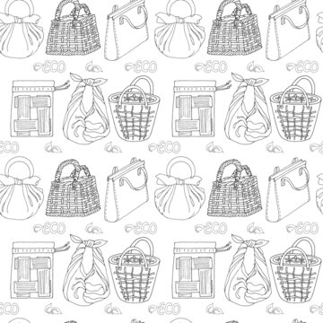 seamless pattern with black outline eco bags on white background, hand drawing, graphic paper design graphic image of an eco bag of different designs, black outline hand drawing on a white background,