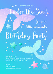 Mermaid party invitation template. Cute illustration of mermaid tail, sea shells and star fish. Birthday concept. Vector 10 EPS.
